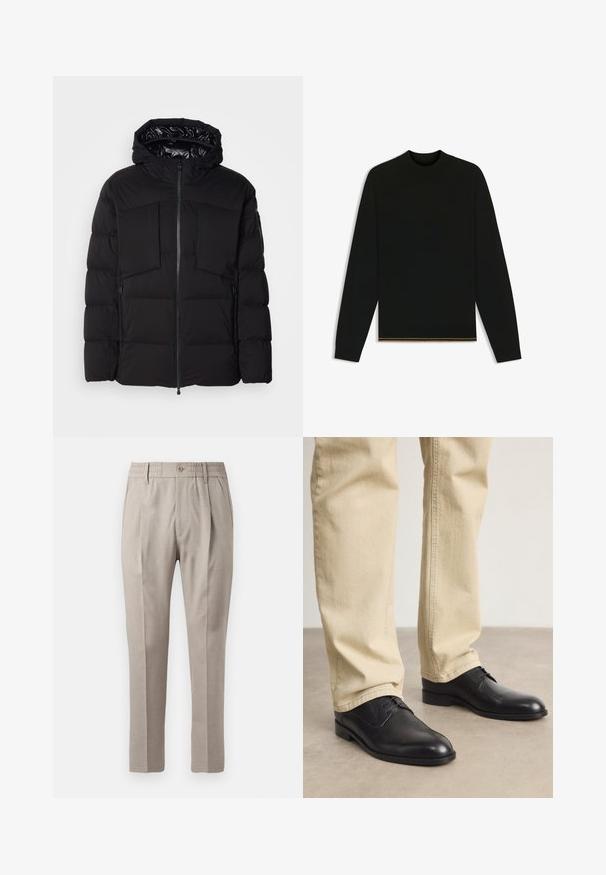 Doudoune noire en nylon lisse, dotée d'une fermeture éclair sur le devant, de grandes poches poitrine et d'une capuche. Rembourrée pour une isolation et un confort optimal.; Pull en maille noir à manches longues et col montant. Doté d'une accentuation dorée à l'ourlet. Texture lisse et coupe ajustée.; Pantalons beige ajustés avec une texture lisse, dotés d'une fermeture à bouton, d'une taille élastique et de deux poches devant. Design à jambes droites.; Chaussures noires en cuir à lacets avec un bout arrondi, finition lisse et détails de couture subtils, portées avec un pantalon beige clair.