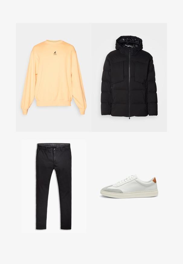 Zwarte donsjack gemaakt van glad nylon, met een ritssluiting aan de voorkant, grote borstzakken en een capuchon. Gevoerd voor isolatie en comfort.; Lichtoranje sweatshirt, katoenmix, ronde hals, ribgebreide manchetten en zoom, met een klein zwart logo op de borst, relaxed fit, zachte textuur.; Zwarte katoenen chinos met een taps toelopende pasvorm, voorzien van vijf zakken, riemlussen en een gladde textuur. Ritssluiting met een knoopsluiting.; Witte leren sneakers met grijze suede accenten en een tan leren hieltab. Kenmerkt zich door een textuurovervlak en een lichtgewicht zool.