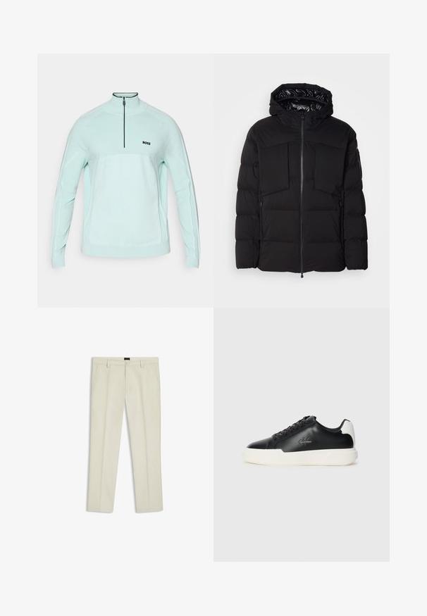 Svart pufferjacka i slät nylon, med framdragkedja, stora bröstfickor och huva. Vadderad för isolering och komfort.; Ljus mintgrön zip-up sweatshirt med hög krage, strukturerat stickat tyg och svart logotypdetalj på bröstet. Långa ärmar med ribbade muddar.; Beiga byxor i bomull med rak passform, dragkedja och framfickor. Slät yta utan synliga mönster eller dekorationer.; Svarta lädersneakers med vit gummisul. Har rund tå, snörningsdesign och logodetalj på sidan. Bakre accent i vitt.