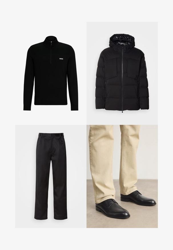 Czarna puchowa kurtka wykonana z gładkiego nylonu, z zapięciem na zamek błyskawiczny z przodu, dużymi kieszeniami na piersi i kapturem. Wypełniona dla lepszej izolacji i komfortu.; Czarny sweter z krótkim zamkiem wykonany z miękkiego materiału. Posiada prążkowaną teksturę na ramionach oraz małe białe logo na piersi.; Czarne spodnie wykonane z gładkiego materiału, z zapięciem na guzik z przodu, plisami i prostymi nogawkami. Brak widocznych wzorów lub akcentów.; Czarne skórzane buty na sznurówki z zaokrąglonym czubkiem, gładkim wykończeniem i subtelnymi detalami szycia, noszone z jasnobeżowymi spodniami.