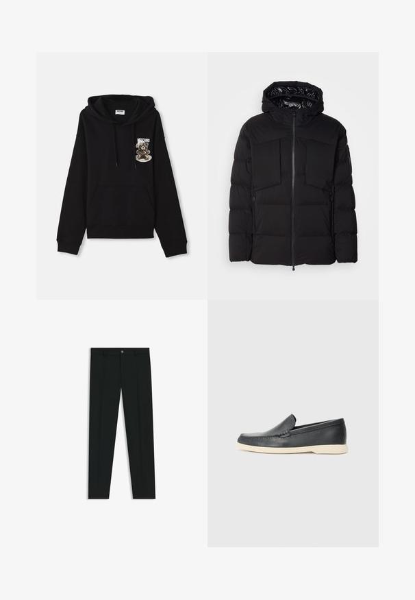 Black puffer jacket made of smooth nylon, featuring a front zipper, large chest pockets, and a hood. Padded for insulation and comfort.; Black hooded sweatshirt featuring a front pocket, drawstrings, and a graphic design of a bear on a plate with the brand name "Moschino."; Black dress pants with a straight-leg design, made of smooth fabric. Features a front button closure and belt loops. Plain without patterns.; Black leather slip-on loafers with a textured finish and a contrasting beige rubber sole. Features a subtle accent along the front.