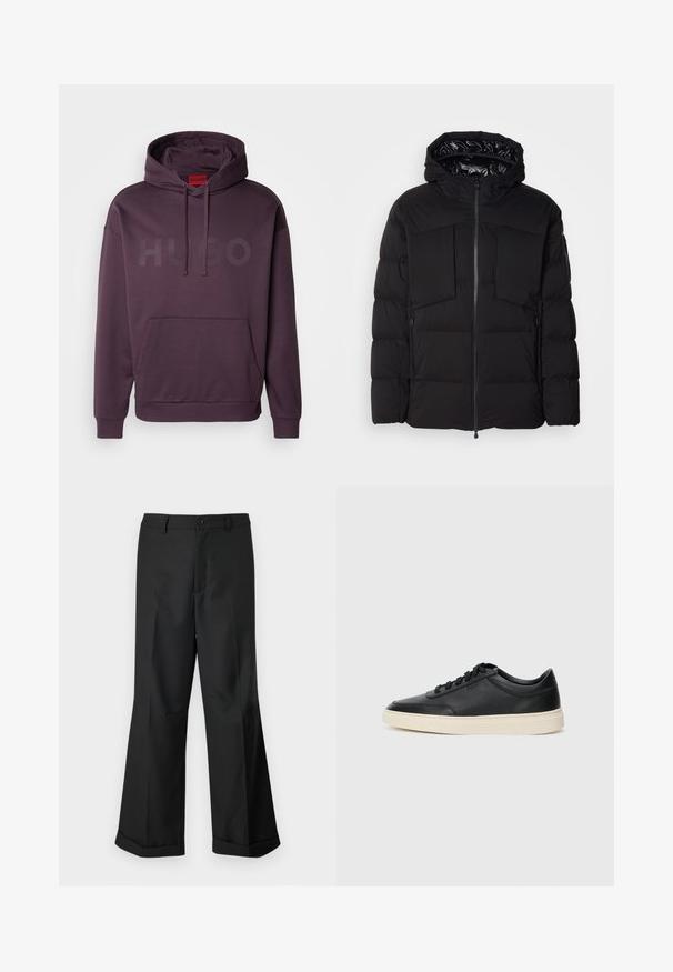 Schwarze Steppjacke aus glattem Nylon, mit einem Frontreißverschluss, großen Brusttaschen und einer Kapuze. Gepolstert für Wärme und Komfort.; HUGO DITCHLE - Sweatshirt - open purple; Schwarze weit geschnittene Hosen mit geknöpftem Bund und umgeschlagenen Säumen, vor einem schlichten weißen Hintergrund präsentiert.; Schwarzer niedriger Ledersneaker mit schwarzen Schnürsenkeln und cremefarbenem Sohlenrand, seitlich auf weißem Hintergrund dargestellt.
