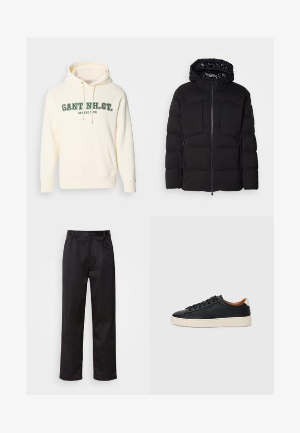 Fekete puffernadrág, sima nylonkiből készült, elülső cipzárral, nagy mellzsebekkel és kapucnival. Szigeteléssel és kényelemmel párnázott.; Krém színű kapucnis pulóver kenguruzsebbel, állítható kapucnival, valamint zöld "GANT NH. CT." és "SPORTS CLUB" felirattal az elején.; Fekete nadrág sima anyagból, elülső gombos záródással, redőkkel és egyenes szárral. Nincsenek látható minták vagy díszítések.; Fekete bőr sportcipők sima felülettel, bézs gumitalppal, fűzős dizájnnal és kontrasztos sarkú akcentussal.