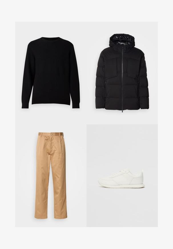 Črna puhovka iz gladkega najlona, z sprednjim zadrgo, velikima žepoma na prsih in kapuco. Opremljena je z oblogami za izolacijo in udobje.; Črn rebrast pleten pulover z okroglim izrezom in dolgimi rokavi. Brez opaznih vzorcev ali okraskov. Tkanina se zdi mehka in teksturirana.; Kaki hlače, mešanica bombaža, oblik ravnih nogavic, sprednji pregibi, zanke za pas in gumbasto zapiranje. Gladka tekstura brez vzorcev.; Bela tenisa z mrežasto in sintetično zgornjo plastjo, okroglo oblikovano prstno območje, ravne vezalke in teksturirana stranska črta. Gumijast podplat z zanko na hrbtni strani.