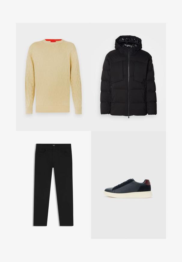 Zwarte donsjack gemaakt van glad nylon, met een ritssluiting aan de voorkant, grote borstzakken en een capuchon. Gevoerd voor isolatie en comfort.; Crème-kleurige trui met een textuurdesign, ronde halslijn en geribde manchetten. Bevat een subtiel logopatroon over het hele oppervlak.; Zwarte denim broek met een rechte snit, voorzien van een standaard tailleband, vijf zakken en een knoopsluiting. Gladde textuur overal.; Lage herensneaker van zwart leer en suede met een bordeauxrode hieltab en een witte rubberen zool, gezien vanuit de buitenkant.