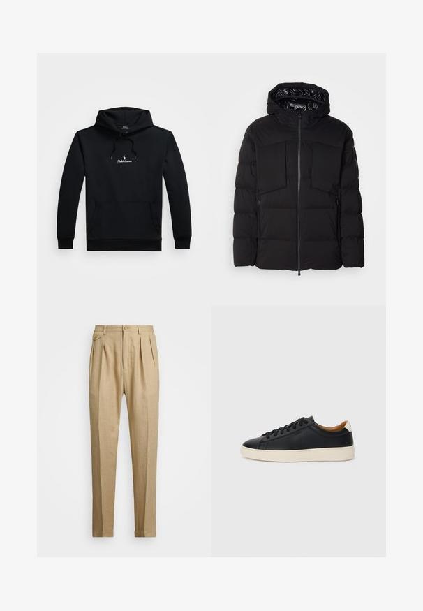 Casaco puffer preto feito de nylon liso, com fecho frontal, grandes bolsos no peito e capuz. Almofadado para isolamento e conforto.; Hoodie preto de mangas compridas com bolso frontal, capuz com cordão e logótipo branco da Ralph Lauren centrado no peito.; Calças de linho bege com corte reto, apresentando dois plissados frontais, fecho com botão e bolsos laterais. Tecido texturizado com um acabamento suave.; Tenis de couro preto com uma textura suave, sola de borracha bege, design de atar e um destaque no calcanhar em contraste.