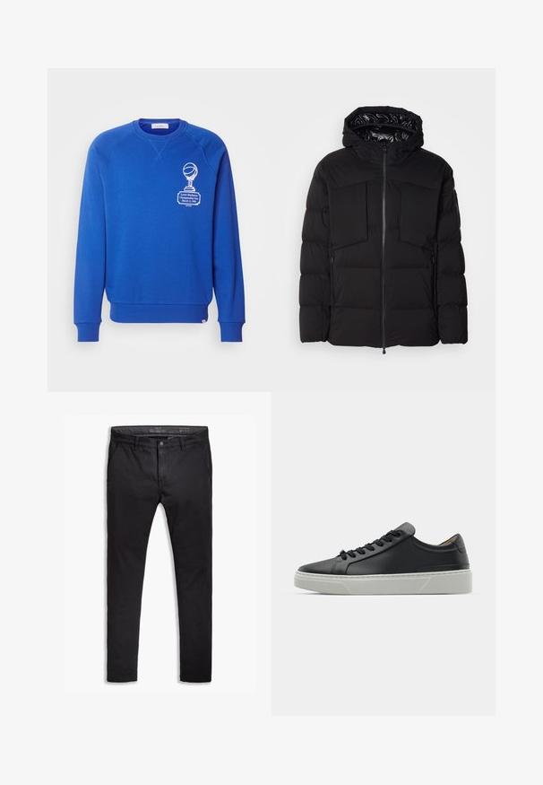 Musta puhallettu takki, joka on valmistettu sileästä nailonista. Siinä on edessä vetoketju, suuret rintataskut ja huppu. Vuorattu eristystä ja mukavuutta varten.; Sininen huppari, jossa on pyöreä kaula-aukko, joustavat hihansuut ja helma, ja jonka vasemmalla puolella on valkoinen graafinen printti palkinnosta ja teksti. Pehmeä materiaali.; Musta puuvillainen chinos-housut tapered-fit -mallilla, viidellä taskulla, vyölenkeillä ja sileällä pinnalla. Vetoketjukiinnitys nappisuljennalla.; Mustat nahkakengät, joissa on sileä pinta, pyöreä kärki ja mustat nauhat. Varustettu paksulla, valkoisella kumipohjalla, jossa on hienovaraisia geometrisia yksityiskohtia.