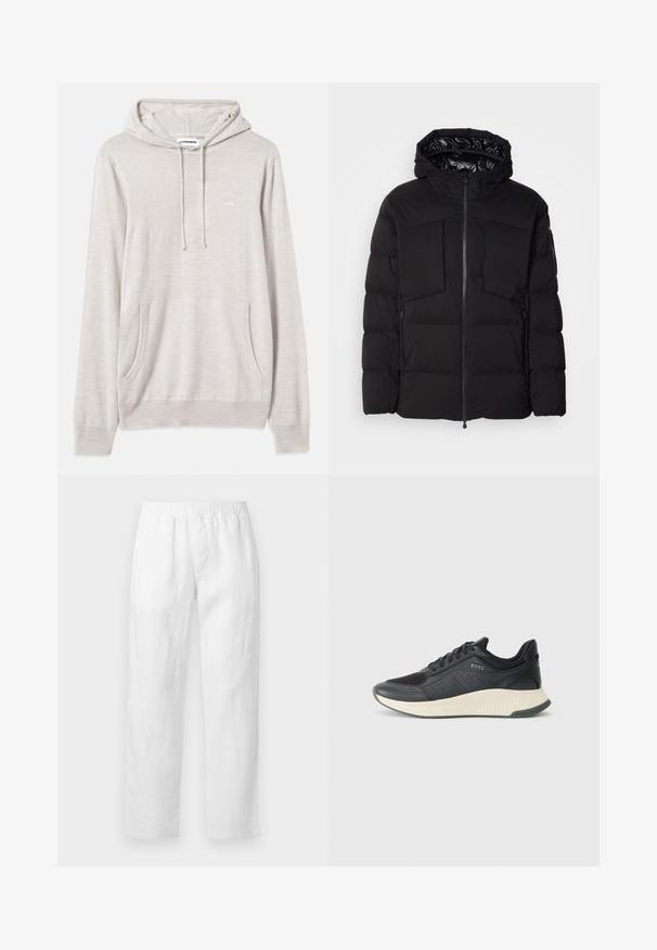 Čierna puffa bunda vyrobená z hladkého nylonu, s predným zipsom, veľkými vreckami na hrudi a kapucňou. Podšitá pre izolačné vlastnosti a pohodlie.; Svetlo šedá mikina s kapucňou na šnúrku, predná vrecková kapsa a ribované manžety. Vyrobená z jemnej tkaniny, s diskrétnym brandingom na hrudi.; Biele ľanové nohavice s elastickým pásom, rovnými nohavicami a mäkkou textúrou bez viditeľných vzorov alebo kovových doplnkov.; Čierne športové tenisky s vrchnou časťou z sieťoviny s perforáciami, textúrovanou medzipodrážkou v krémovej farbe a gumovou podrážkou pre lepšiu trakciu.