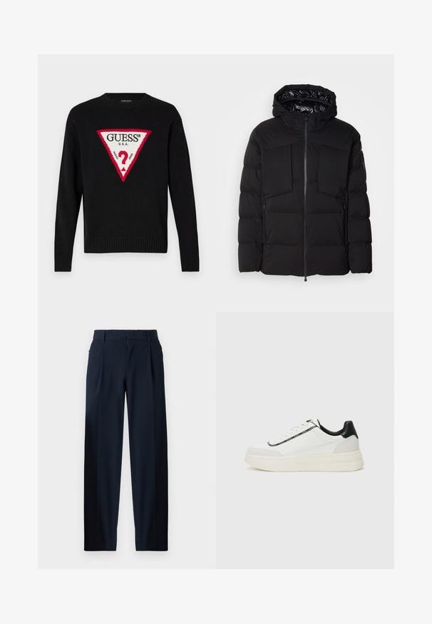 Crna puffer jakna od glatkog najlona, s prednjim patentnim zatvaračem, velikim džepovima na prsima i kapuljačom. Podstavljena za izolaciju i udobnost.; Crni pleteni pulover s velikim crvenim trouglom na kojem se nalazi bijeli natpis "GUESS® U.S.A." i središnji motiv upitnika. Rebrasti manžeti i donji rub.; Tamno plave hlače s glatkom teksturom, širokim nogavicama, prednjim nabranjima, petljama za remen i zatvaranjem na zip. Pogodne za formalne ili ležerne prilike.; Bijeli tenisice s crnim kožnim detaljima, teksturiranom potplatom, vezicama i trakom s logotipom duž strane. Imaju glatku i zamšastu površinu.