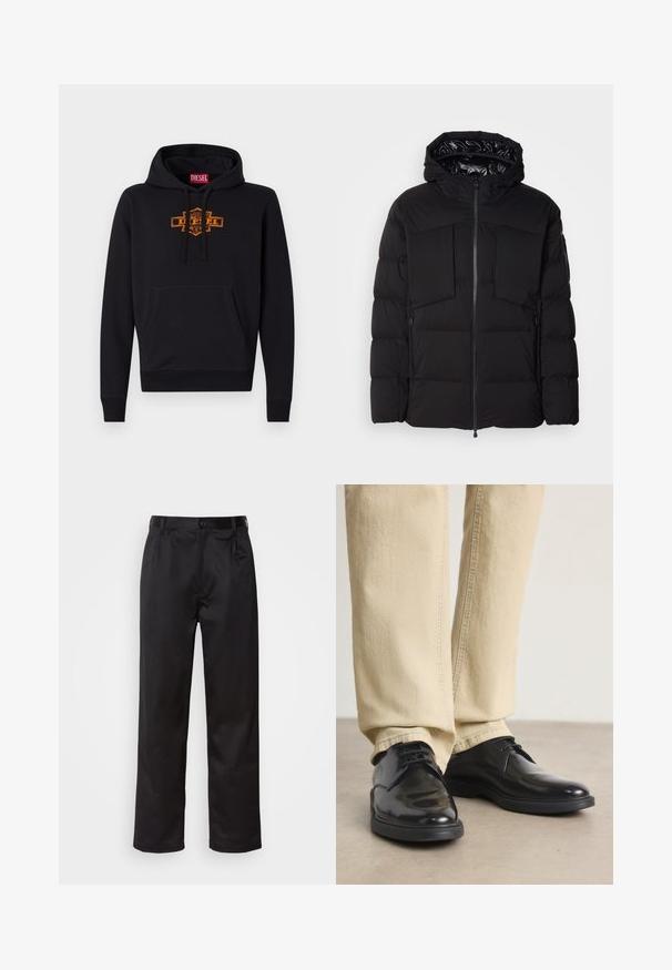Casaco puffer preto feito de nylon liso, com fecho frontal, grandes bolsos no peito e capuz. Almofadado para isolamento e conforto.; Sweatshirt preto com bolso canguru na frente, capuz com cordão e um logo gráfico laranja no peito. Material macio de mistura de algodão.; Calças pretas feitas de um tecido suave, com fecho frontal por botão, pregas e pernas retas. Sem padrões ou acentos visíveis.; Sapatos de couro pretos com um acabamento polido, design com atacadores e sola de borracha. Usados com calças de perna reta de cor clara.