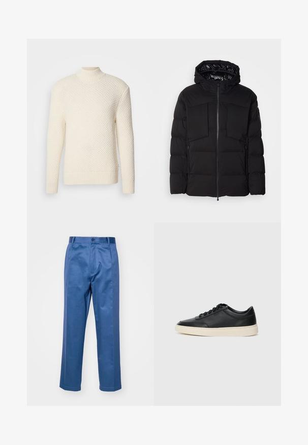Geacă puffer neagră din nylon neted, cu fermoar frontal, buzunare mari pe piept și glugă. Căptușită pentru izolație și confort.; Pulover tricotat texturat de culoare crem, cu mâneci lungi și guler, manșete și tiv cu aspect ribalat, pe un fundal alb.; Pantaloni albaștri dintr-un material neted, cu un design drept, închidere cu nasture și detalii fine de cusătură.; Sneaker din piele neagră, cu vârf jos, cu șireturi negre și talpă de un alb murdar, prezentat în profil lateral, pe un fundal alb.