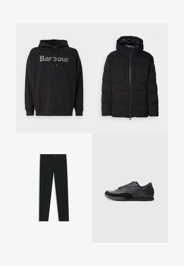 Schwarze Steppjacke aus glattem Nylon, mit einem Frontreißverschluss, großen Brusttaschen und einer Kapuze. Gepolstert für Wärme und Komfort.; Schwarzer Kapuzenpullover mit grauem "Barbour"-Logo über der Brust, ausgestattet mit einer Kapuze mit Kordelzug sowie gerippten Bündchen und Saum.; Schwarze Anzughosen mit geradem Bein, aus glattem Stoff. Mit Knopfverschluss vorne und Gürtelschlaufen. Schlicht ohne Muster.; Schwarze und graue Sneaker mit glattem Leder-Obermaterial, strukturierten Akzenten, runder Zehenpartie, sechs Ösen Schnürung und einer geriffelten Gummisohle.