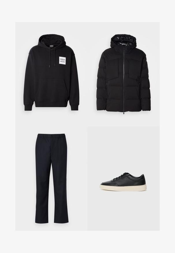 Schwarze Steppjacke aus glattem Nylon, mit einem Frontreißverschluss, großen Brusttaschen und einer Kapuze. Gepolstert für Wärme und Komfort.; Barbour International MICRO BLOCK GRAPHIC HOODIE - Sweatshirt - black; Dunkelblaue Hosen mit flachem Vorderteil, elastischem Bund und einem einzelnen Knopfverschluss. Hergestellt aus glattem Stoff mit geradem Bein.; Schwarzer niedriger Ledersneaker mit schwarzen Schnürsenkeln und cremefarbenem Sohlenrand, seitlich auf weißem Hintergrund dargestellt.