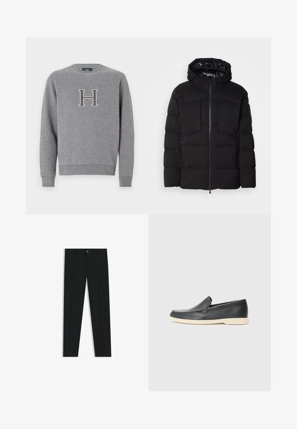 Black puffer jacket made of smooth nylon, featuring a front zipper, large chest pockets, and a hood. Padded for insulation and comfort.; Gray sweatshirt with a crew neckline, ribbed cuffs, and hem. Features a contrasting embroidered letter "H" on the chest. Smooth texture.; Black dress pants with a straight-leg design, made of smooth fabric. Features a front button closure and belt loops. Plain without patterns.; Black leather slip-on loafers with a textured finish and a contrasting beige rubber sole. Features a subtle accent along the front.