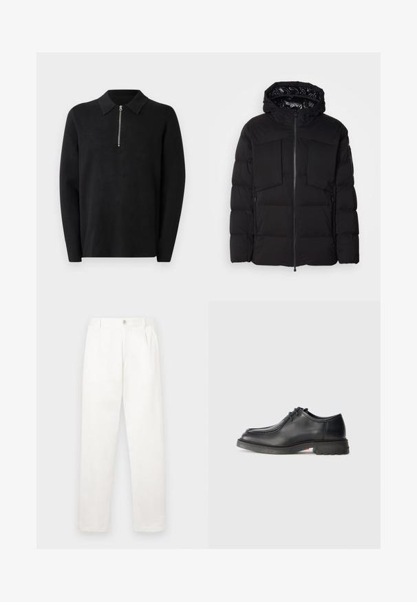 Zwarte donsjack gemaakt van glad nylon, met een ritssluiting aan de voorkant, grote borstzakken en een capuchon. Gevoerd voor isolatie en comfort.; Zwarte pullover met lange mouwen en een ritskraag. Gemaakt van zacht materiaal, met een gladde textuur en een eenvoudig, minimalistisch ontwerp.; Witte broeken gemaakt van een gladde stof, met een recht model, voorplooien en een enkele knoopsluiting bij de taille.; Zwarte leren schoen met een gladde textuur, ronde neus en ondiepe gestikte versiering. Dikke rubbere zool met een lichte hak en grip patroon.