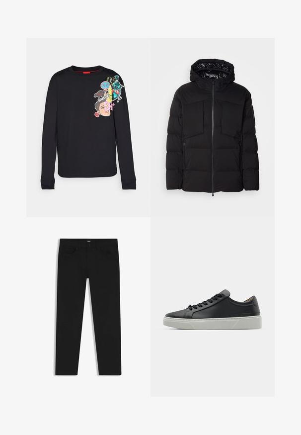 Giubbotto imbottito nero realizzato in nylon liscio, con zip frontale, grandi tasche sul petto e cappuccio. Imbottito per isolamento e comfort.; Maglietta nera a maniche lunghe in cotone, con colorati toppe grafiche raffiguranti volti e disegni sul davanti e sull'area della spalla destra.; Pantaloni in denim nero con taglio dritto, dotati di vita standard, cinque tasche e chiusura con bottone. Texture liscia su tutta la superficie.; Sneaker in pelle nera con una texture liscia, punta rotonda e lacci neri. Presenta una suola in gomma bianca spessa con sottili accenti geometrici.