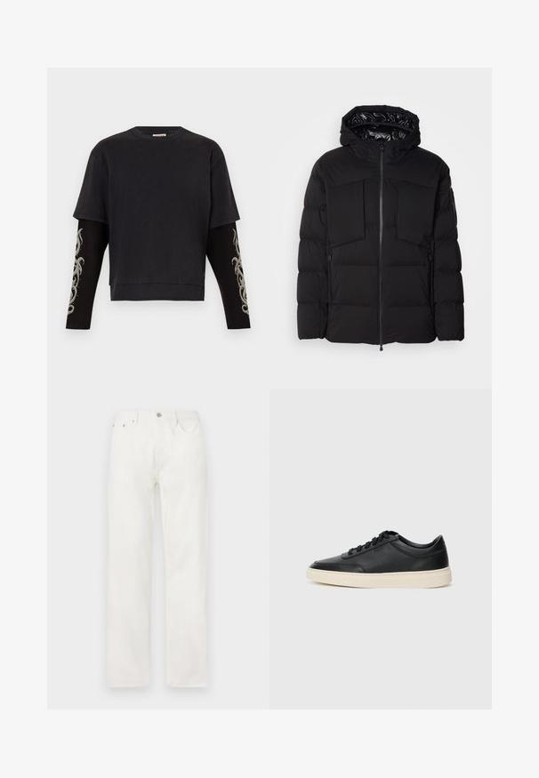 Must schwarz puffer jakk, mis on valmistatud siledast nailonist, ees on lukuga, suured rinna taskud ja kapuuts. Polsterdatud soojustamiseks ja mugavuseks.; Must have lühikeste varrukatega must särk, millel on pikad mustad varrukad hallide tribaalsete mustritega. Valmistatud pehmest kangast, lõdva istuvusega ja ümmarguse kaelusega.; Valged denim teksad sirge lõikega, nööbi ja tõmblukuga sulgemine, viie taskuga disain ning ilma nähtavate mustrite või aktsentideta.; Mustad musta nahast madal sneaker mustade nööpidega ja kreemivalge tallaga, nähtud külgprofiilis valge tausta ees.