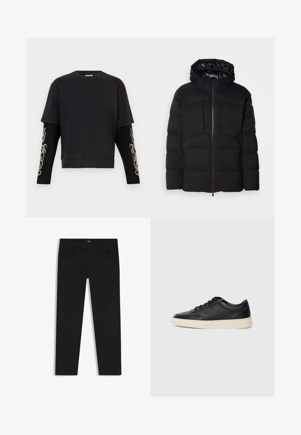 Giubbotto imbottito nero realizzato in nylon liscio, con zip frontale, grandi tasche sul petto e cappuccio. Imbottito per isolamento e comfort.; Maglietta nera a maniche corte con lunghe maniche nere che presentano disegni tribali grigi. Realizzata in tessuto morbido con una vestibilità comoda e scollatura rotonda.; Pantaloni in denim nero con taglio dritto, dotati di vita standard, cinque tasche e chiusura con bottone. Texture liscia su tutta la superficie.; Sneaker in pelle nera a basso profilo con lacci neri e suola avorio, mostrato di profilo su sfondo bianco.