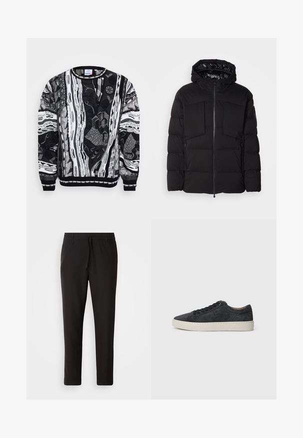 Zwarte donsjack gemaakt van glad nylon, met een ritssluiting aan de voorkant, grote borstzakken en een capuchon. Gevoerd voor isolatie en comfort.; Zwart-wit trui met complexe patronen, zoals stadsgezichten en abstracte ontwerpen. Gebreide textuur met geribde manchetten en halslijn.; Zwarte joggingsbroek van gladde stof. Kenmerkt zich door een elastische tailleband met een trekkoord, taps toelopende benen en geen zichtbare zakken. Eenvoudig ontwerp.; Zwarte suède sneakers met een gladde textuur, voorzien van een ronde neus, vetersluiting en een contrasterende witte rubberen zool.