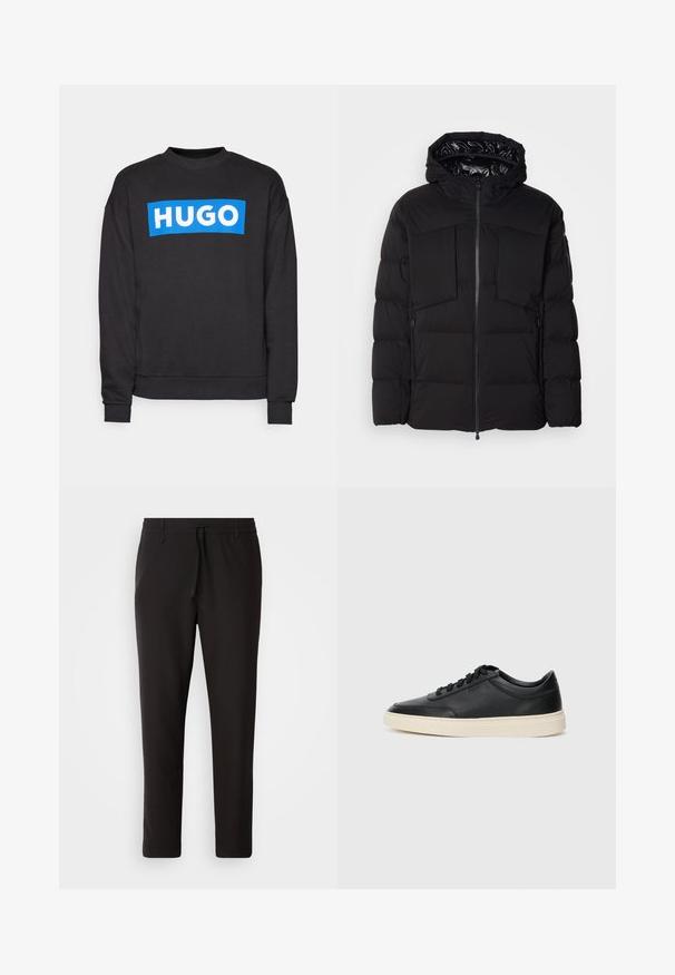 Čierna puffa bunda vyrobená z hladkého nylonu, s predným zipsom, veľkými vreckami na hrudi a kapucňou. Podšitá pre izolačné vlastnosti a pohodlie.; Čierna mikina vyrobená z bavlneného zmesi, s veľkým modrým obdĺžnikovým logom s nápisom "HUGO" bielymi písmenami na prednej strane.; Čierne jogger nohavice vyrobené z hladkej tkaniny. Majú elastický pás s šnúrkou, zúžené nohavice a žiadne viditeľné vrecká. Jednoduchý dizajn.; Čierne nízkoprevádzkové kožené tenisky s čiernymi šnúrkami a krémovou podrážkou zobrazené v bočnom profile na bielom pozadí.