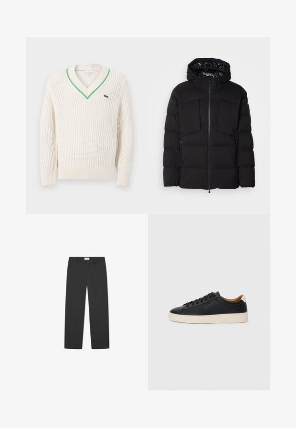 Črna puhovka iz gladkega najlona, z sprednjim zadrgo, velikima žepoma na prsih in kapuco. Opremljena je z oblogami za izolacijo in udobje.; Kremno barvana pletena jopica z V-izrezom, zelenim robom in rebrastimi manšetami. Značilna je majhna Lacoste oznaka na prsih.; Črne hlače iz lahkega materiala. Imajo ravno nogavico, ravno sprednjo stran, stranske žepe in diskretno pasovi.; Črne usnjene superge z gladko teksturo, bež gumijastim podplatom, zavezovalnim dizajnom in kontrastnim nagibom na peti.