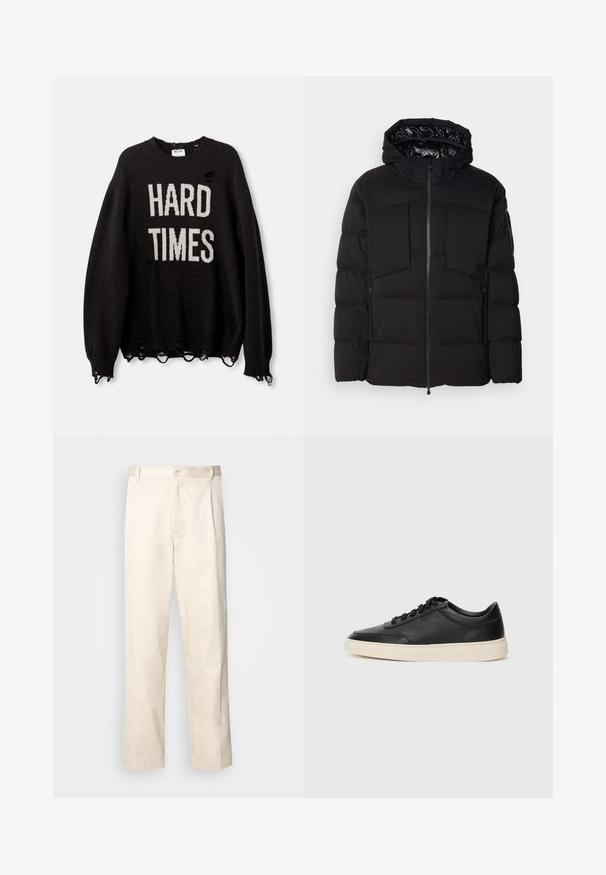 Juodas pūkinis švarkas, pagamintas iš glotnaus nailono, su priekiniais užtrauktukais, didelėmis krūtinės kišenėmis ir gobtuvu. Išpūstas, skirtas šilumai ir patogumui.; Juodas megztinis su užrašu "HARD TIMES" baltomis raidėmis, su suplyšusia struktūra, skylutėmis ir nusidėvėjusiais kraštais, su banguotomis rankovėmis ir apykakle.; Bežinės medvilninės kelnės su tiesiu kirpimu, turinčios mygtuko uždarymą ir priekyje raukšles papildomai dekoratyviam akcentui.; Juoda žema viršutinė odinė sportbačiai su juodais raišteliais ir kreminiu padu, pateikti šoniniame profilyje ant baltos fono.