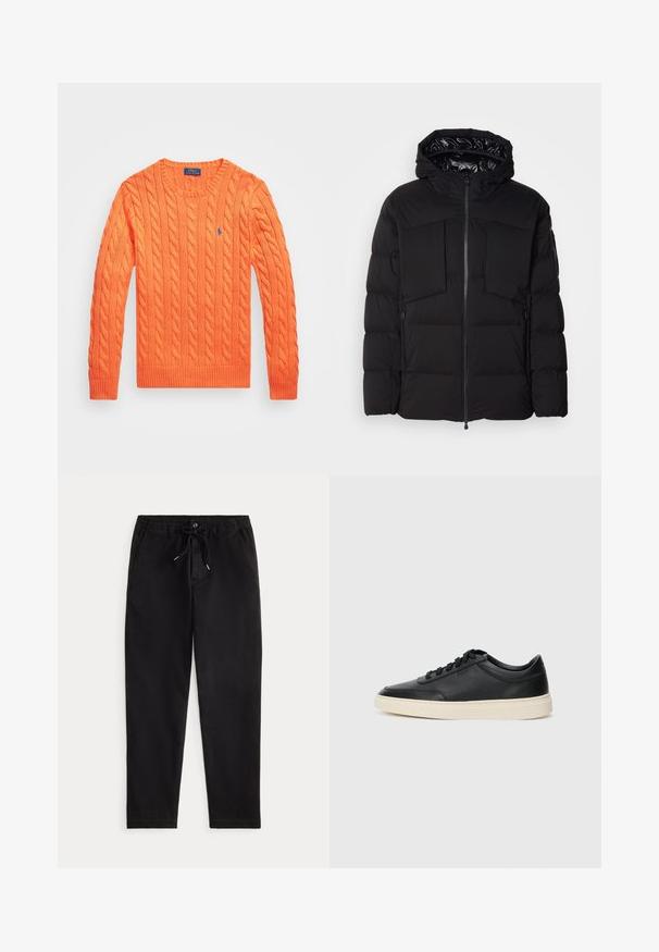 Svart pufferjacka i slät nylon, med framdragkedja, stora bröstfickor och huva. Vadderad för isolering och komfort.; Kabelstickad tröja i livlig orange, med rund halsringning, ribbade ärmslut och nederkant, samt en liten blå logotyp på bröstet.; Svarta avslappnade byxor med elastiskt midjeband, snörning, framknapp och sidofickor, visade på en enfärgad bakgrund.; Svart låg skor i läder med svarta snören och off-white sula, visas i sidoprofil på vit bakgrund.