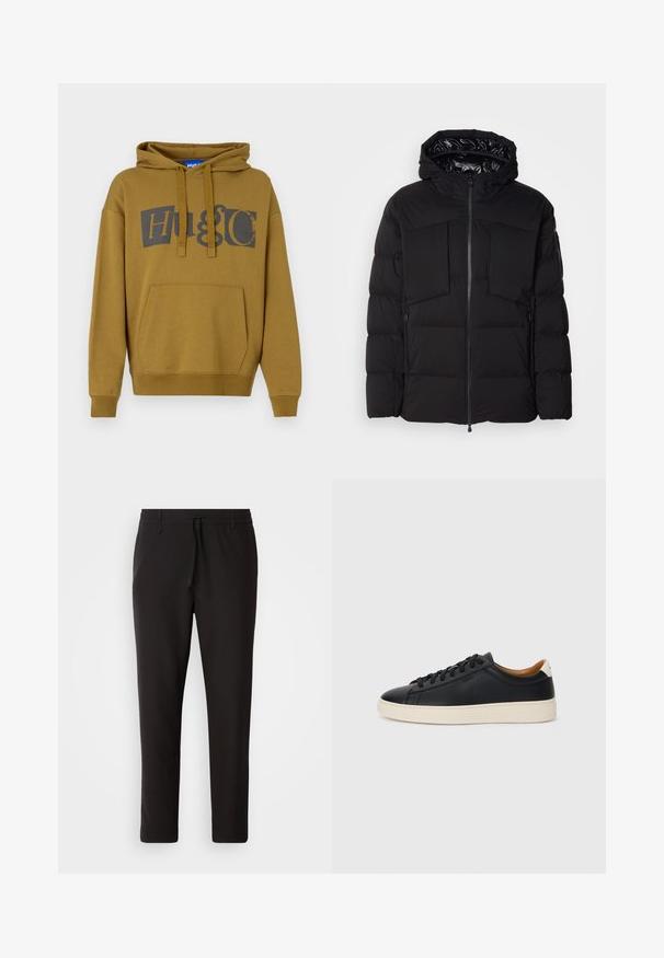 Fekete puffernadrág, sima nylonkiből készült, elülső cipzárral, nagy mellzsebekkel és kapucnival. Szigeteléssel és kényelemmel párnázott.; Olíva zöld kapucnis pulóver, amelyen egy nagy, sötétszürke "HUGO" logó található. Elülső kenguruzsebbal és bordázott mandzsettákkal és aljjal rendelkezik.; Fekete jogger nadrág sima anyagból. Rugalmas derekú, húzózsinórral, tapered lábakkal és látható zsebek nélkül készül. Egyszerű dizájn.; Fekete bőr sportcipők sima felülettel, bézs gumitalppal, fűzős dizájnnal és kontrasztos sarkú akcentussal.