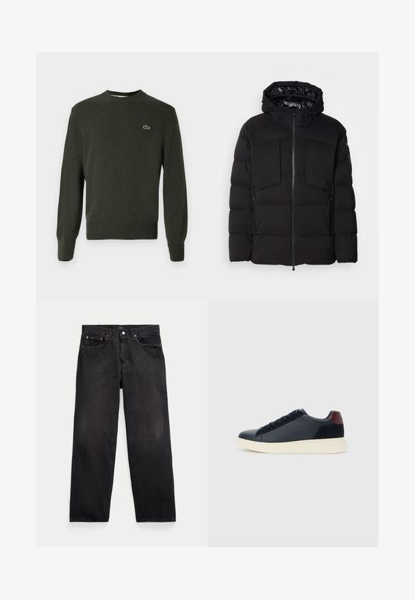 Czarna puchowa kurtka wykonana z gładkiego nylonu, z zapięciem na zamek błyskawiczny z przodu, dużymi kieszeniami na piersi i kapturem. Wypełniona dla lepszej izolacji i komfortu.; Ciemnozielony sweter z dzianiny z okrągłym dekoltem, z prążkowanymi mankietami i dolnym obszyciem, z małym haftowanym logo na lewej piersi. Miękka tekstura.; Czarne dżinsy o luźnym kroju, z pięcioma kieszeniami, z guzikiem w pasie i delikatnym wyblaknięciem na całej powierzchni.; Niskie męskie sneakersy z czarnej skóry i zamszu, z bordową pętlą na pięcie i białą gumową podeszwą, widziane z zewnętrznej strony.