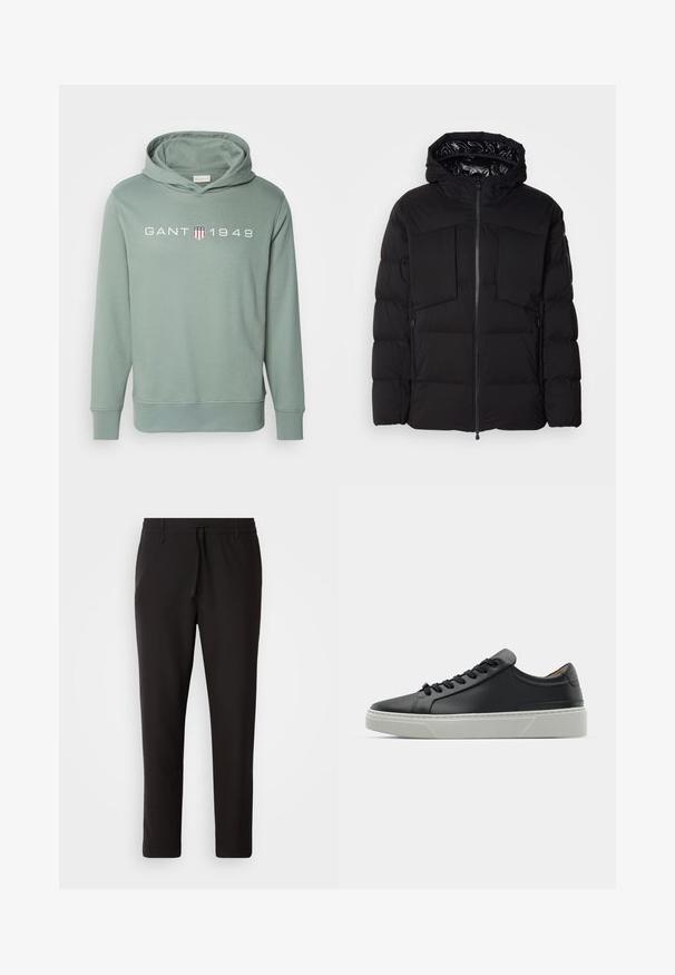 Černá péřová bunda z hladkého nylonu, vybavená předním zipem, velkými náprsními kapsami a kapucí. Polstrovaná pro tepelnou izolaci a pohodlí.; GANT Mikina s kapucí - pastel green; Černé teplákové kalhoty vyrobené z hladké látky. Mají elastický pas se šňůrkou, zúžené nohavice a žádné viditelné kapsy. Jednoduchý design.; Černé kožené tenisky s hladkým povrchem, kulatou špičkou a černými šňůrkami. Disponují silnou bílou gumovou podrážkou s jemnými geometrickými akcenty.