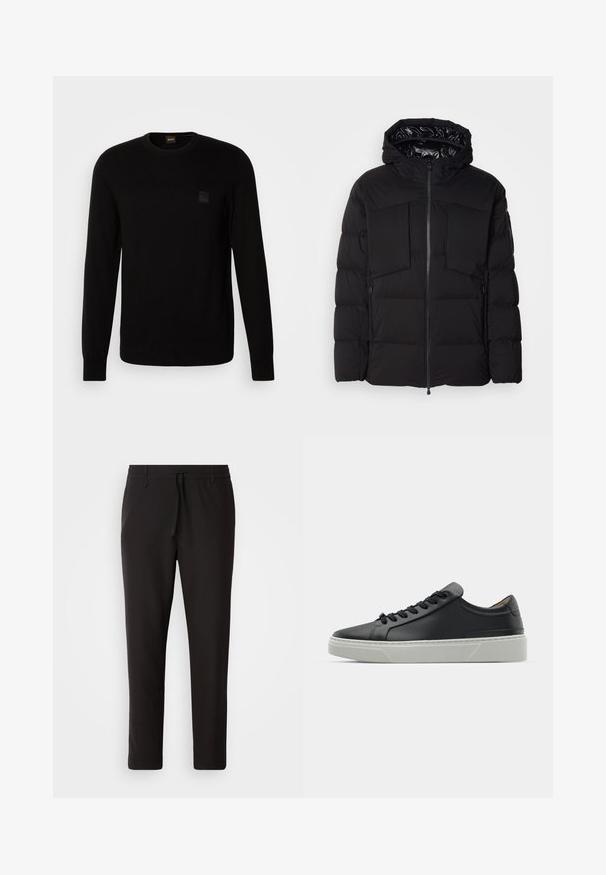 Črna puhovka iz gladkega najlona, z sprednjim zadrgo, velikima žepoma na prsih in kapuco. Opremljena je z oblogami za izolacijo in udobje.; Črni pleteni pulover z dolgimi rokavi, okroglim izrezom in majhno strukturirano značko na prsih. Gladka tekstura po celotni površini.; Črne jogger hlače iz gladkega blaga. Imajo elastičen pas z vrvico, zožane hlačnice in brez vidnih žepov. Enostaven dizajn.; Črne usnjene teniske z gladko teksturo, okroglo konico in črnimi vezalkami. Imajo debel bel gumijast podplat s subtilnimi geometrijskimi poudarki.