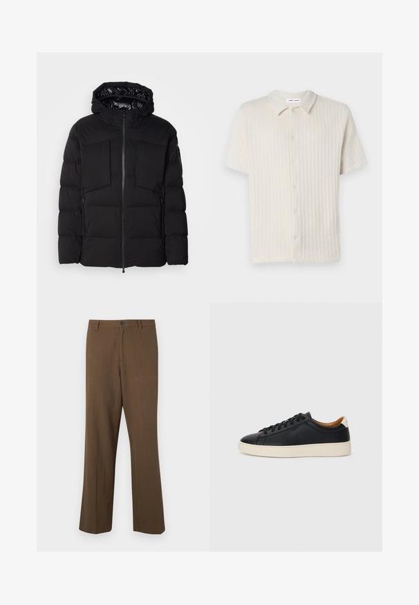 Schwarze Steppjacke aus glattem Nylon, mit einem Frontreißverschluss, großen Brusttaschen und einer Kapuze. Gepolstert für Wärme und Komfort.; Kurzärmliges, knöpfbares Hemd in hellbeige mit strukturiertem, geripptem Muster und klassischem Kragen. Hergestellt aus weichem, atmungsaktivem Material.; Braune, gerade geschnittene Hosen aus strukturiertem Stoff, mit Knopfverschluss und normalem Bund, seitlichen Taschen und taillierten Nähten.; Schwarze Ledersneaker mit glatter Textur, beiger Gummisohle, Schnürdesign und einem kontrastierenden Fersenakzent.