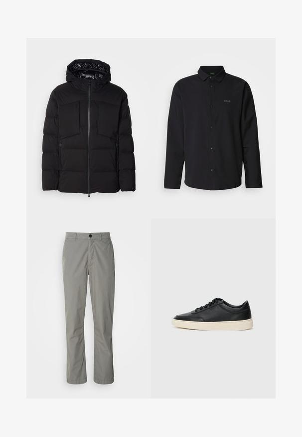 Sort pufferjakke lavet af glat nylon, med en frontlynlås, store brystlommer og hætte. Polstret for isolering og komfort.; Sort langærmet skjorte med knaplukning og krave; har et diskret "BOSS" logo i matchende sort. Glat stof med en skræddersyet pasform.; Lys grå bukser lavet af letvægtsstof. De har en frontknaplukning, skrå lommer og et lige ben-design.; Sort lavt top lædersneaker med sorte snørebånd og off-white sål vist i sideprofil på hvid baggrund.