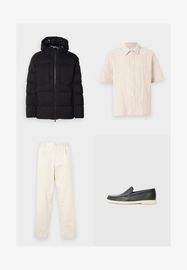 Czarna puchowa kurtka wykonana z gładkiego nylonu, z zapięciem na zamek błyskawiczny z przodu, dużymi kieszeniami na piersi i kapturem. Wypełniona dla lepszej izolacji i komfortu.; Koszula z krótkim rękawem w jasnym beżowym kolorze z wzorem w kratkę w delikatnym brązie, zapinana na guziki, z klasycznym kołnierzykiem. Gładka tekstura tkaniny.; Jasno beżowe bawełniane chinosy o prostym kroju, z zapięciem na guzik i dwiema bocznymi kieszeniami. Gładka tekstura bez widocznych wzorów.; Czarne skórzane slip-ony w stylu loafers z teksturowanym wykończeniem i kontrastującą beżową gumową podeszwą. Posiadają delikatny akcent wzdłuż przodu.
