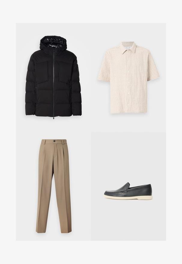 Melnā pūkainā jaka, kas izgatavota no gluda neilona, ar priekšējo rāvējslēdzēju, lielām krūšu kabatām un kapuci. Iepildīta siltumizolācijai un komfortam.; Īsās piedurknes, gaiši beigu krekls ar maigu brūnu režģa rakstu, pogu priekšpusi un klasisku apkakli. Gluda auduma tekstūra.; Beige pielētas bikses ar gludu priekšpusi, strukturētu jostas vietu un vienu pogu aizdari. Audums ir gluds un nedaudz teksturēts.; Melni ādas kurpes, kas valkājas uz slip-on principa, ar teksturētu apdari un kontrastējošu beigu gumijas zoli. Iespējama smalka apdare priekšpusē.