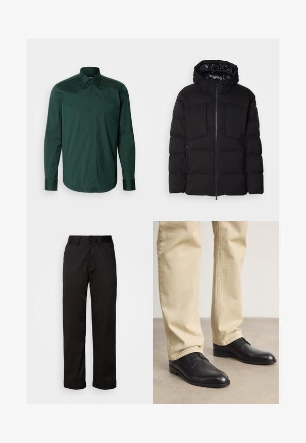 Black puffer jacket made of smooth nylon, featuring a front zipper, large chest pockets, and a hood. Padded for insulation and comfort.; Dark green long-sleeve button-up shirt made of smooth cotton, featuring a pointed collar and cuffs, with a straight cut and minimal detailing.; Black trousers made of smooth fabric, featuring a zip fly, button closure, and rolled cuffs for a casual design.; Black leather lace-up shoes with a rounded toe, smooth finish, and subtle stitching details, worn with light beige pants.