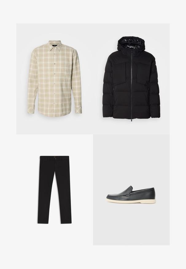 Zwarte donsjack gemaakt van glad nylon, met een ritssluiting aan de voorkant, grote borstzakken en een capuchon. Gevoerd voor isolatie en comfort.; Mads Nørgaard ALASKA CHECK SUNE SHIRT - Overhemd - vanilla ice/silver sage; Zwarte broek van stof met een gladde textuur. Bevat een knoopsluiting, riemlussen en zijzakken. Standaard straight-leg ontwerp.; Zwarte leren instappers met een gestructureerde afwerking en een contrasterende beige rubberen zool. Beschikt over een subtiele accent langs de voorkant.