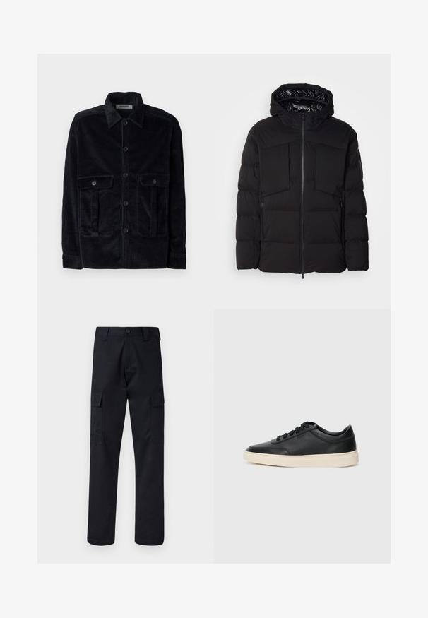 Giubbotto imbottito nero realizzato in nylon liscio, con zip frontale, grandi tasche sul petto e cappuccio. Imbottito per isolamento e comfort.; Giacca in corduroy blu navy con colletto, chiusura con bottoni frontale, due tasche sul petto e righe verticali testurizzate.; Pantaloni cargo neri realizzati in un tessuto resistente, con un taglio dritto, due tasche laterali e una chiusura a bottone in vita.; Sneaker in pelle nera a basso profilo con lacci neri e suola avorio, mostrato di profilo su sfondo bianco.