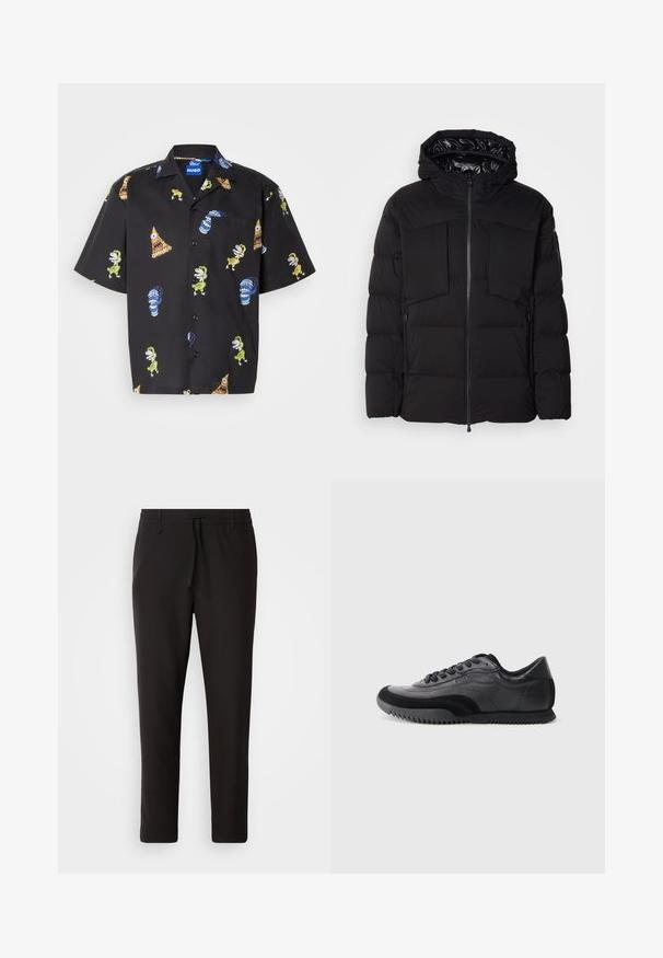 Must schwarz puffer jakk, mis on valmistatud siledast nailonist, ees on lukuga, suured rinna taskud ja kapuuts. Polsterdatud soojustamiseks ja mugavuseks.; Lühikeste varrukatega must särk, millel on värvikad mustrid karikatuurikangelastest ja objektidest. Valmistatud kergest kangast, kujundustes on rohelised ja sinised aktsendid.; Mustad jogger-püksid, mis on valmistatud siledast kangast. Omavad elastset pihaotsikut koos paelaga, kitsenevaid jalaosi ja nähtamatuid taskuid. Lihtne disain.; Mustmust ja hallid tossud sileda naha pealispinnaga, tekstuursete aktsentidega, ümmarguse varbaga, kuue silmaauguga nööbitamine ja sooniline kummitald.