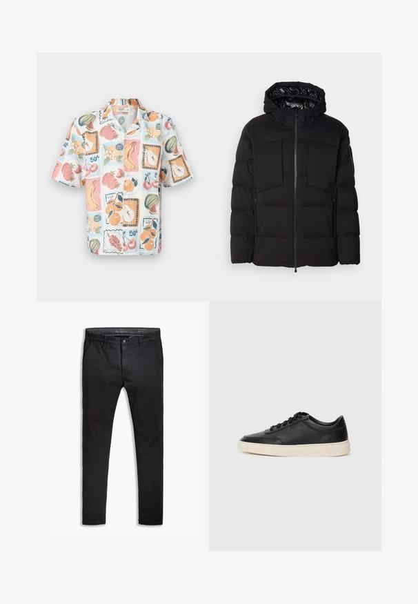 Μαύρο φουσκωτό μπουφάν από λείο νάιλον, με μπροστινό φερμουάρ, μεγάλες τσέπες στο στήθος και κουκούλα. Επενδεδυμένο για μόνωση και άνεση.; Κοντομάνικο πουκάμισο με γιακά, κατασκευασμένο από ελαφρύ ύφασμα, διακοσμημένο με πολύχρωμο σχέδιο φρούτων που περιλαμβάνει αυτοκόλλητα, κυρίως σε παστέλ αποχρώσεις.; Μαύρες βαμβακερές chinos με tapered fit, που διαθέτουν πέντε τσέπες, θηλιές για ζώνη και απαλό υφή. Φερμουάρ με κουμπί.; Μαύρο δερμάτινο σνίκερ χαμηλού προφίλ με μαύρες κορδόνες και ελαφρώς λευκή σόλα, εμφανίζεται σε πλάγια προφίλ σε λευκό φόντο.