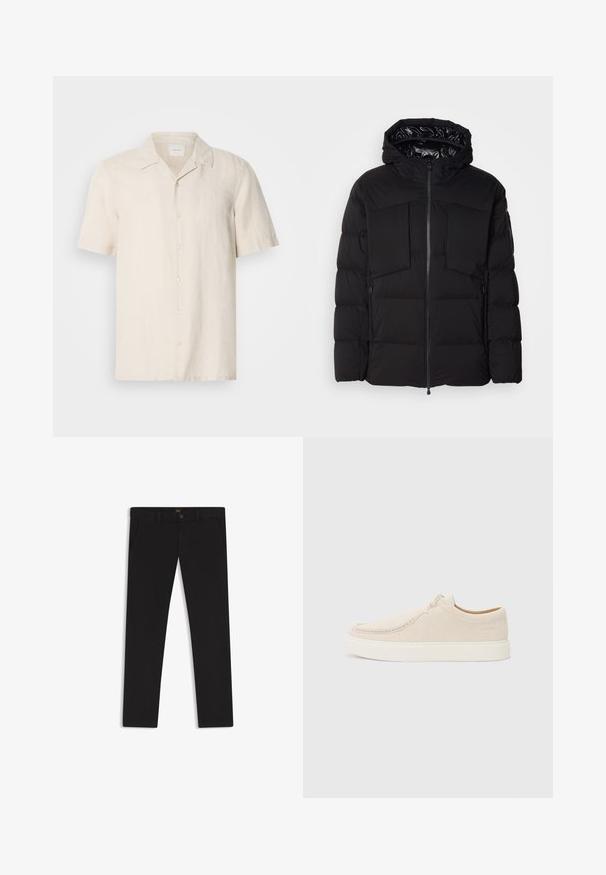 Giubbotto imbottito nero realizzato in nylon liscio, con zip frontale, grandi tasche sul petto e cappuccio. Imbottito per isolamento e comfort.; Camicia da uomo a maniche corte in lino color beige chiaro, con colletto classico, bottoni frontali e piccolo logo ricamato sul petto.; Pantaloni neri realizzati in tessuto con una superficie liscia. Presentano una chiusura con bottone, passanti per cintura e tasche laterali. Design a gamba dritta standard.; Sneaker in suede beige chiaro con punta rotonda, cuciture minime e suola in gomma bianca. Presenta una chiusura con lacci semplice e un dettaglio di branding.