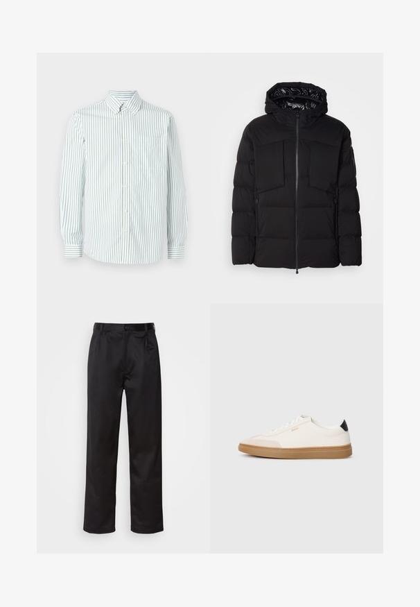 Giubbotto imbottito nero realizzato in nylon liscio, con zip frontale, grandi tasche sul petto e cappuccio. Imbottito per isolamento e comfort.; Les Deux KENT - Camicia - white; Pantaloni neri realizzati in tessuto morbido, con chiusura frontale a bottone, pieghe e gambe dritte. Nessun motivo o accento visibile.; Sneakers bianchi con accenti beige, tomaia in pelle liscia, punta arrotondata e suola in gomma, con un tassello sul tallone nero e un branding sottile.