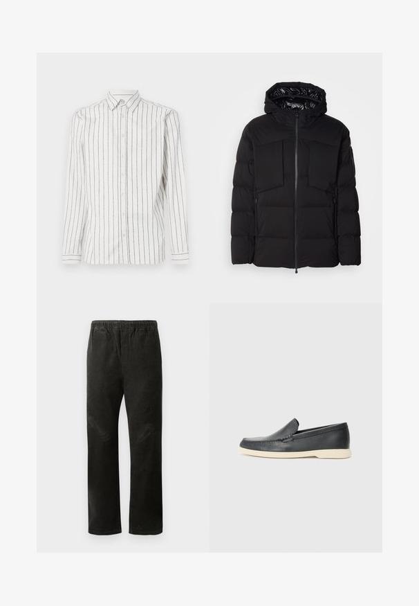 Črna puhovka iz gladkega najlona, z sprednjim zadrgo, velikima žepoma na prsih in kapuco. Opremljena je z oblogami za izolacijo in udobje.; Bela srajca z dolgimi rokavi z črnimi navpičnimi črtami, ovratnikom s kragnico in sprednjimi gumbi. Mehak material z gladko teksturo.; Črne kordurojske hlače s ravnim krojem, ki imajo elastičen pas in dva stranska žepa za praktičnost.; Črne usnjene natikače z teksturiranim zaključkom in kontrastno bež gumo na podplatu. Imajo subtilen naglas vzdolž sprednje strani.