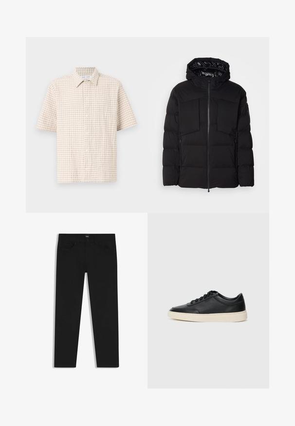 Zwarte donsjack gemaakt van glad nylon, met een ritssluiting aan de voorkant, grote borstzakken en een capuchon. Gevoerd voor isolatie en comfort.; Korte mouwen, lichtbeige shirt met een ruitpatroon in zachtbruin, knopen aan de voorkant en een klassieke kraag. Gladde stofstructuur.; Zwarte denim broek met een rechte snit, voorzien van een standaard tailleband, vijf zakken en een knoopsluiting. Gladde textuur overal.; Zwarte leren sneaker met lage schacht, zwarte veters en off-white zool, weergegeven in zijprofiel op een witte achtergrond.