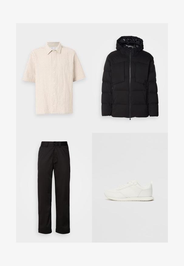 Melnā pūkainā jaka, kas izgatavota no gluda neilona, ar priekšējo rāvējslēdzēju, lielām krūšu kabatām un kapuci. Iepildīta siltumizolācijai un komfortam.; Īsās piedurknes, gaiši beigu krekls ar maigu brūnu režģa rakstu, pogu priekšpusi un klasisku apkakli. Gluda auduma tekstūra.; Melnas bikses, izgatavotas no gluda auduma, ar rāvējslēdzēju, pogu aizdari un sarullētām piedurknēm ikdienejai apģērbam.; Baltie sporta apavi ar mežģīņu un sintētisko augšdaļu, apaļu purngalu, plakanu mežģīņu un teksturētu sānu joslu. Gumijas zole ar cilpu aizmugurē.