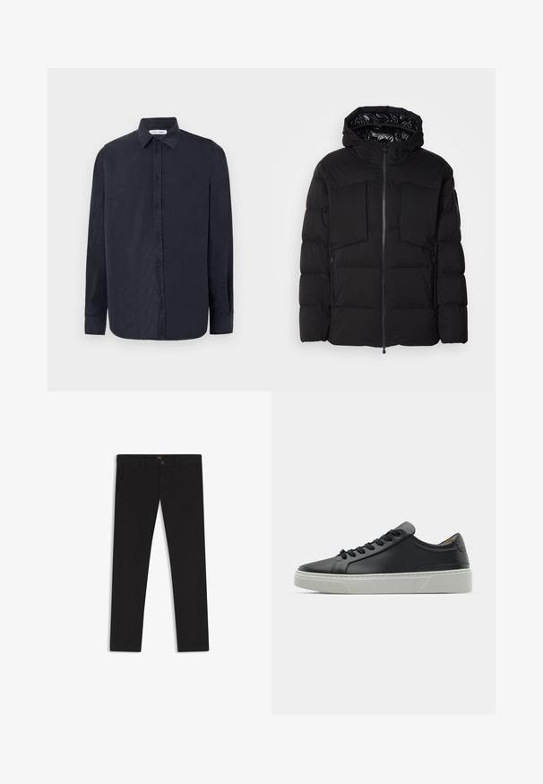 Svart pufferjacka i slät nylon, med framdragkedja, stora bröstfickor och huva. Vadderad för isolering och komfort.; Samsøe Samsøe RYAN SHIRT - Skjorta - salute; Svarta byxor gjorda av tyg med en slät textur. Har en knäppning med knapp, bälteshällor och sidofickor. Standard rakt ben-design.; Svart lädersneaker med en slät yta, rund tå och svarta skosnören. Har en tjock, vit gummisula med subtila geometriska accenter.