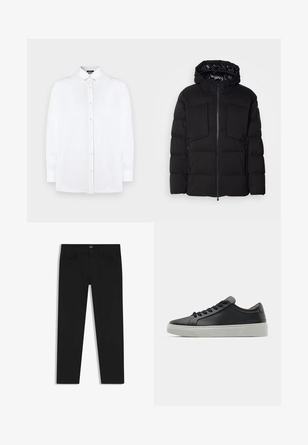 Black puffer jacket made of smooth nylon, featuring a front zipper, large chest pockets, and a hood. Padded for insulation and comfort.; White long-sleeve button-up shirt with a classic collar, featuring a straight cut and subtle texture, fronted by pearl buttons.; Black denim trousers with a straight cut, featuring a standard waistband, five pockets, and a button closure. Smooth texture throughout.; Black leather sneaker with a smooth texture, round toe, and black laces. Features a thick, white rubber sole with subtle geometric accents.