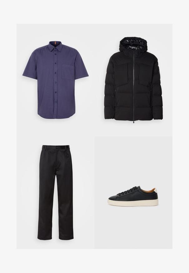 Zwarte donsjack gemaakt van glad nylon, met een ritssluiting aan de voorkant, grote borstzakken en een capuchon. Gevoerd voor isolatie en comfort.; Korte mouwen, marineblauwe button-up shirt van katoen, met een borstzak en een ronde zoom. Heeft donkergekleurde knopen en een kraag.; Zwarte broek van een gladde stof, met een sluiting met een knoop aan de voorkant, plooien en rechte pijpen. Geen zichtbare patronen of accenten.; Zwarte leren sneakers met een gladde textuur, beige rubberen zool, vetersluiting en een contrasterende hielaccent.