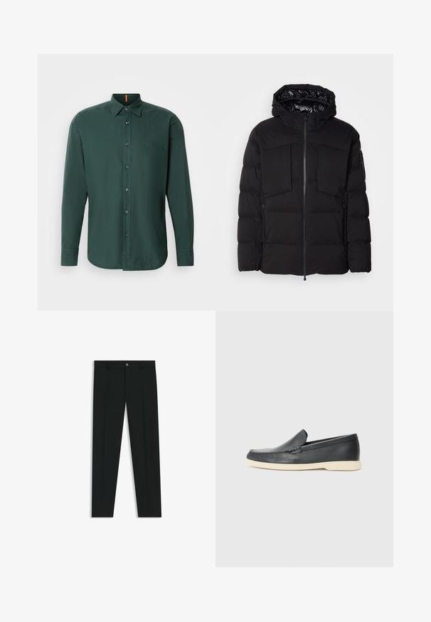 Schwarze Steppjacke aus glattem Nylon, mit einem Frontreißverschluss, großen Brusttaschen und einer Kapuze. Gepolstert für Wärme und Komfort.; Dunkelgrünes Langarmhemd aus Baumwolle mit knopfbarem Kragen, Knöpfen an der Vorderseite und einem dezenten Logo der Marke auf der Brust.; Schwarze Anzughosen mit geradem Bein, aus glattem Stoff. Mit Knopfverschluss vorne und Gürtelschlaufen. Schlicht ohne Muster.; Schwarze Leder-Slipper mit strukturiertem Finish und einer kontrastierenden beige Gummisohle. Mit einem dezenten Akzent an der Vorderseite.