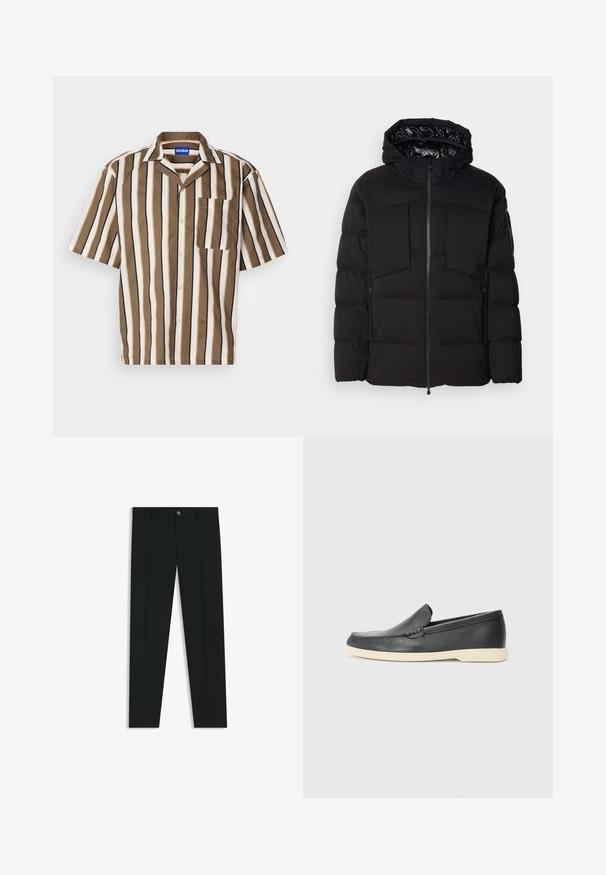 Black puffer jacket made of smooth nylon, featuring a front zipper, large chest pockets, and a hood. Padded for insulation and comfort.; Short-sleeve shirt with brown, beige, and white vertical stripes. Features a notch collar and a single chest pocket. Made of smooth fabric.; Black dress pants with a straight-leg design, made of smooth fabric. Features a front button closure and belt loops. Plain without patterns.; Black leather slip-on loafers with a textured finish and a contrasting beige rubber sole. Features a subtle accent along the front.